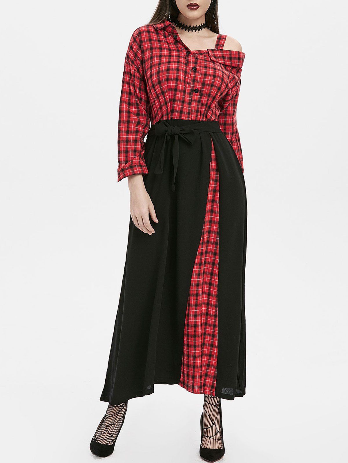 

Plaid Button Embellished Skew Neck Maxi Dress, Red