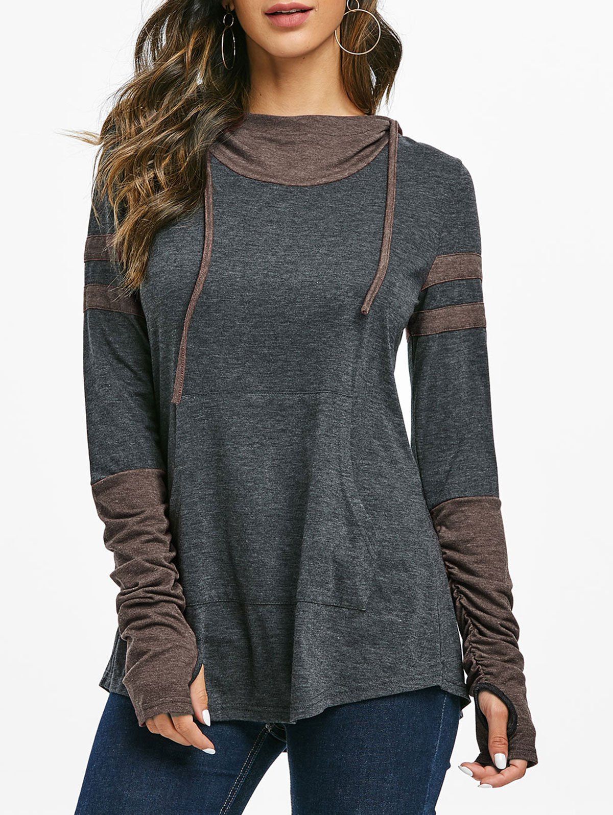 

Hooded Ruched Sleeve Kangaroo Pocket Contrast Heathered T-shirt, Coffee