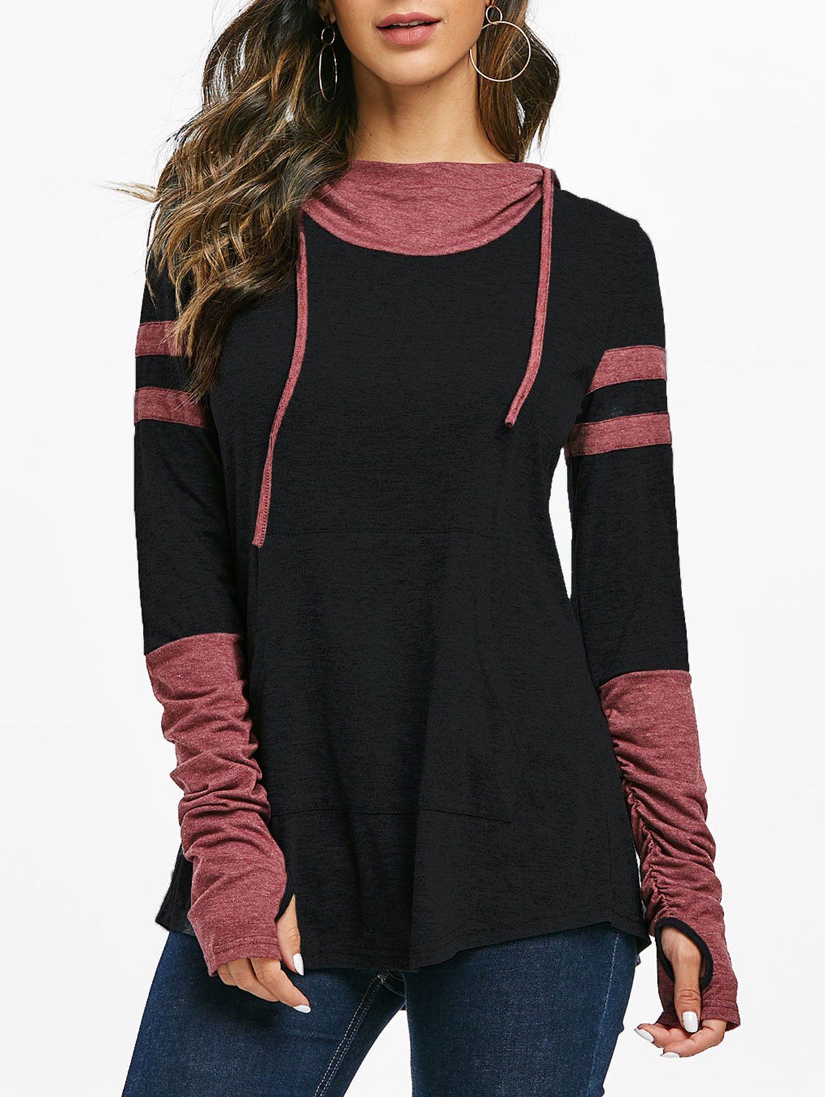

Hooded Ruched Sleeve Kangaroo Pocket Contrast Heathered T-shirt, Black