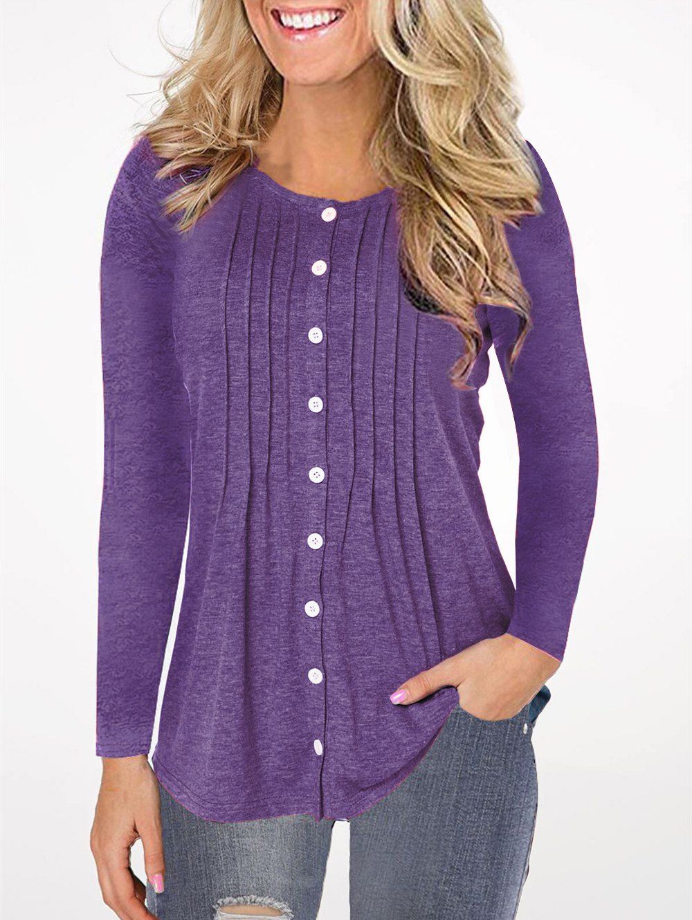 

Pleated Button Up Long Sleeve Top, Dark orchid