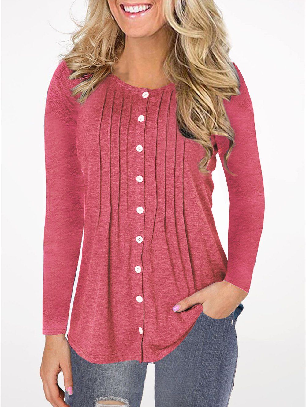 

Pleated Button Up Long Sleeve Top, Blush red