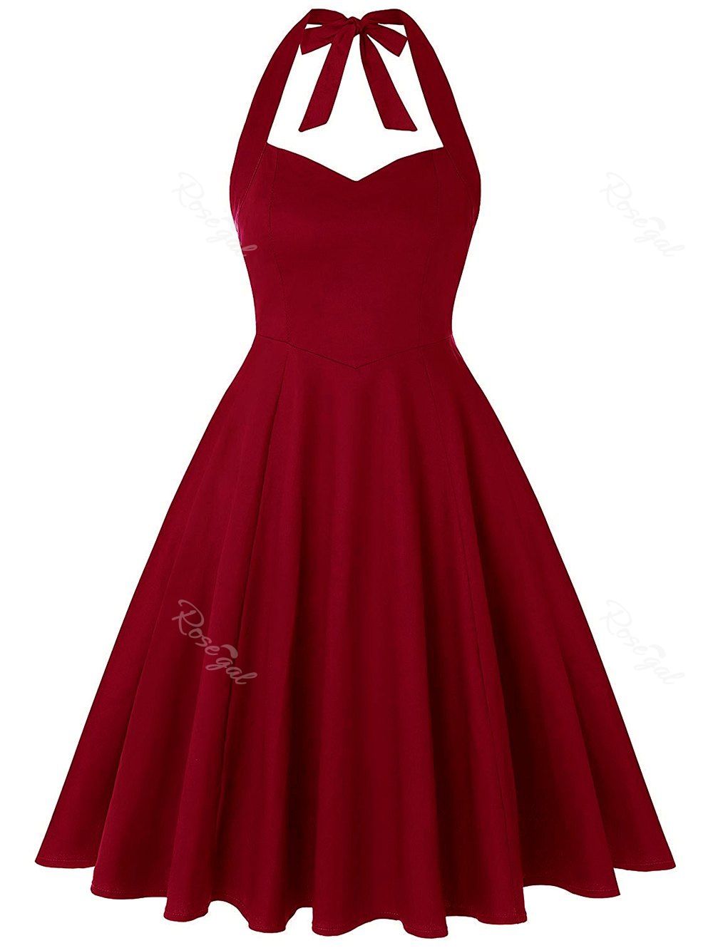 

Plus Size Retro Halter Party Swing Dress, Red wine