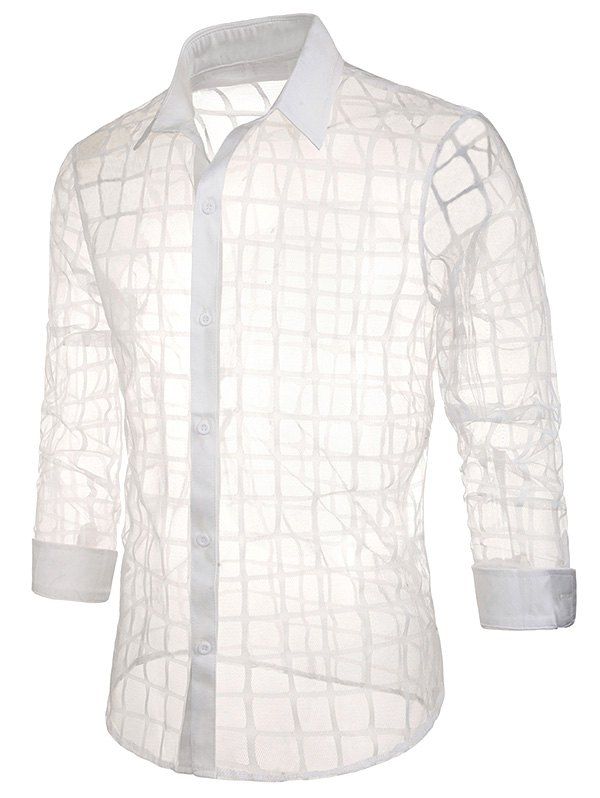 

Sexy Sheer Grid Lace Button Up Shirt, White
