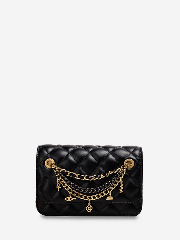 

Chain Cross Floral Pendant Quilted Crossbody Bag, Black