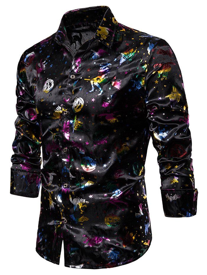 

Colorful Halloween Gilding Print Button Up Shirt, Black