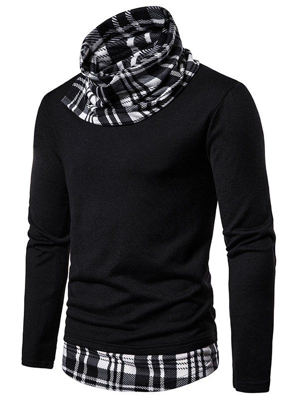 

2 in 1 Plaid Trim Cowl Neck Pullover Sweater, Black