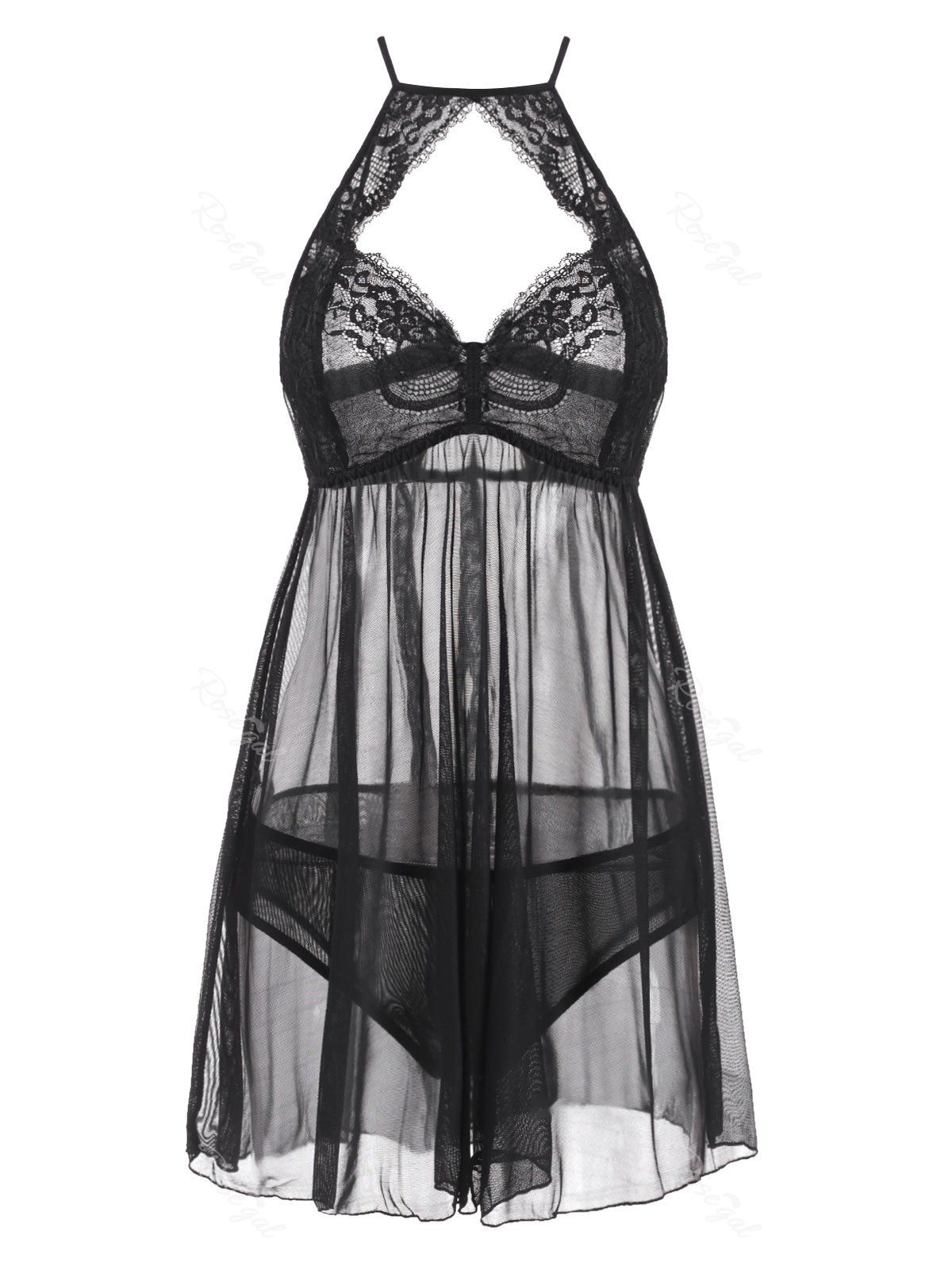 

Plus Size Cutout Lace and Mesh Babydoll Set, Black