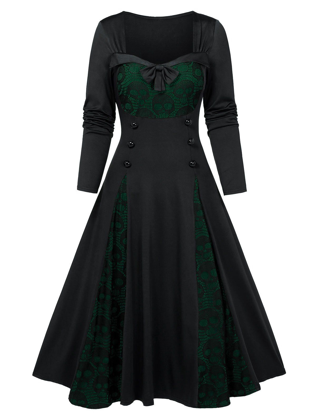 

Halloween Skull Lace Insert Long Sleeve Mock Button Dress, Dark forest green