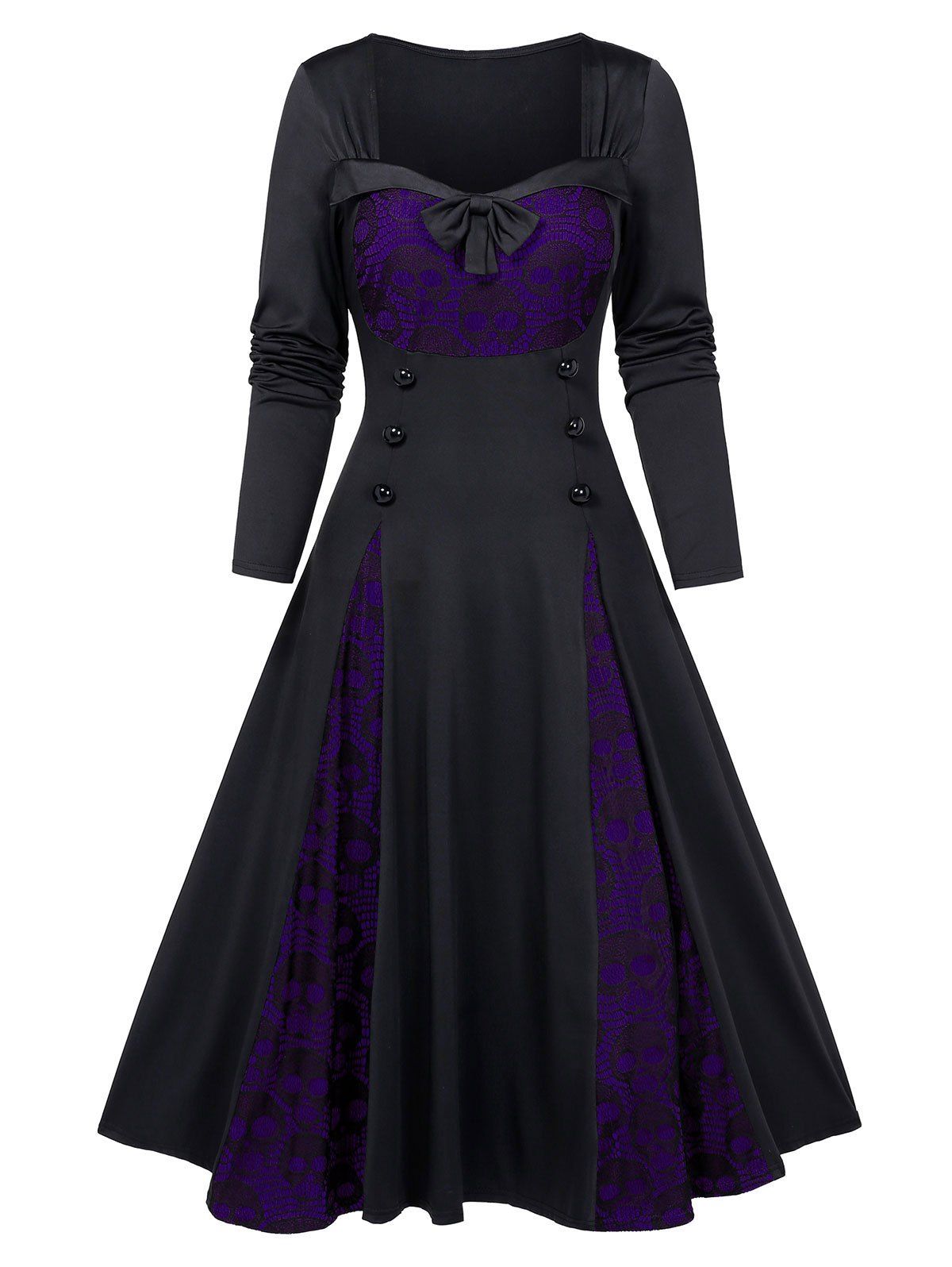 

Halloween Skull Lace Insert Long Sleeve Mock Button Dress, Purple