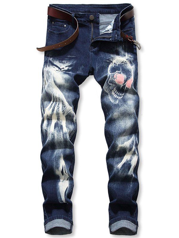

Skull Print Zip Fly Casual Jeans, Denim dark blue