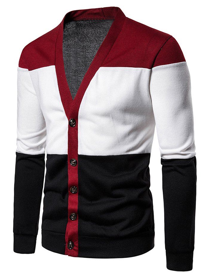 

Color Block Button Up Knitted Cardigan, Red