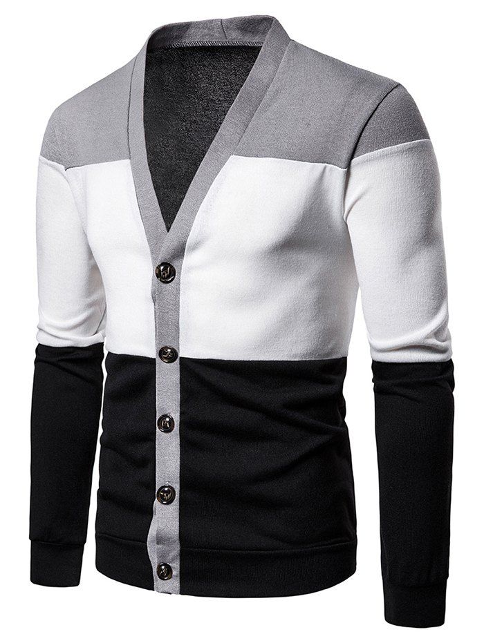 

Color Block Button Up Knitted Cardigan, Gray
