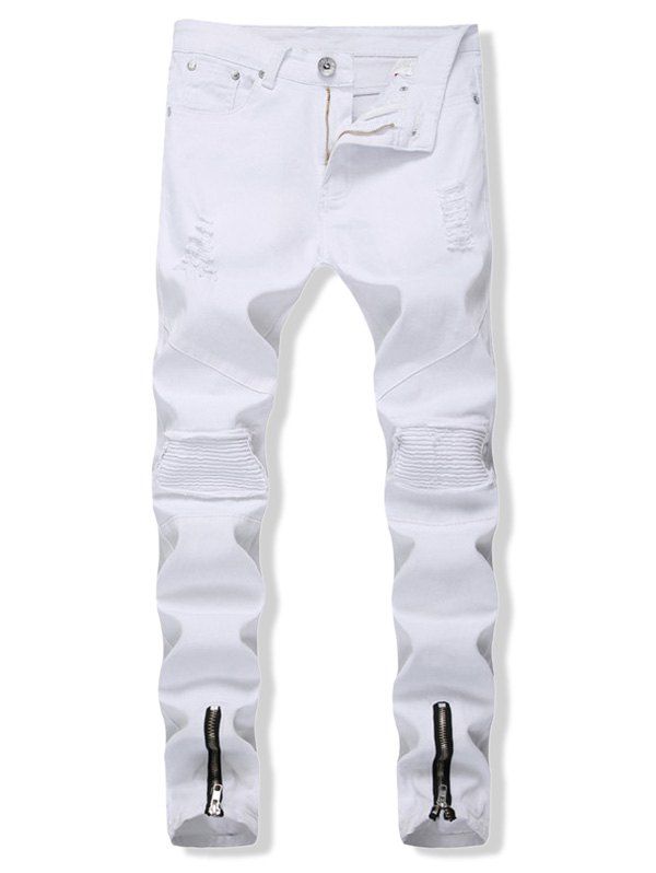 

Zipper Distressed Decoration Casual Jeans, White