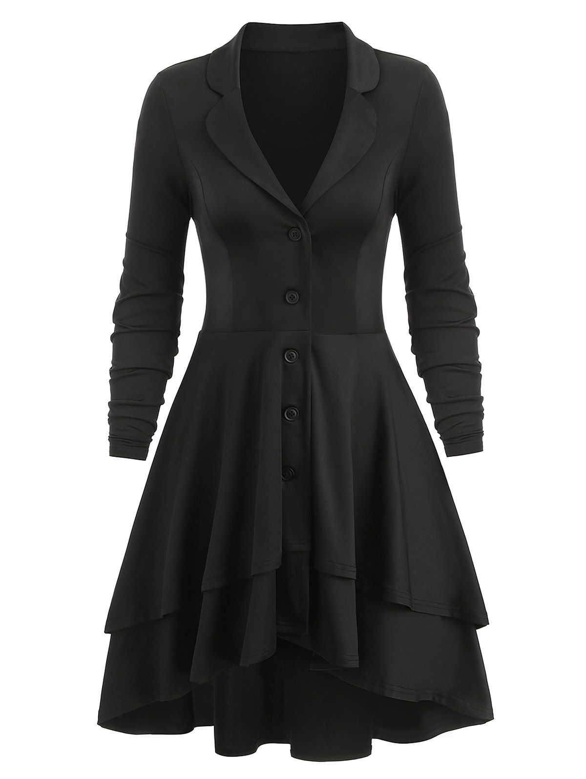 

Button Up Lace-up Back Lapel Layered Skirted Coat, Black