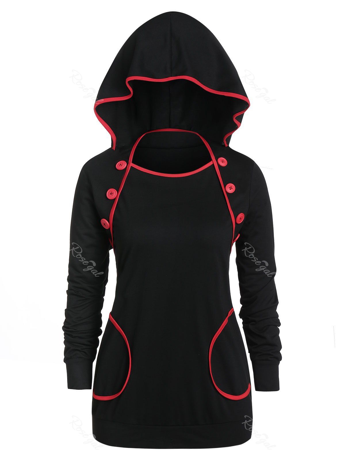 

Plus Size Contrast Tunic Button Hoodie, Black