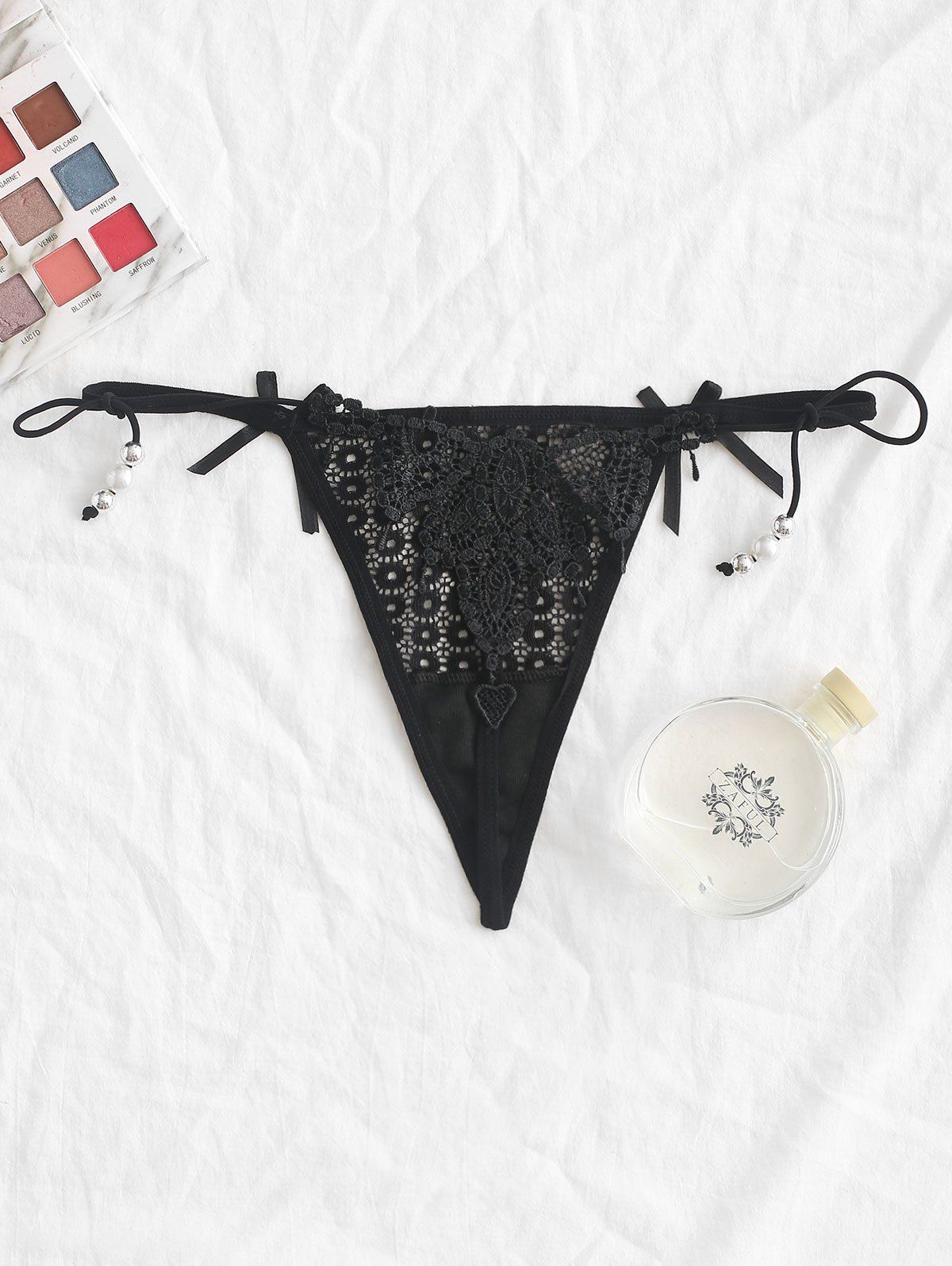 

Tied Solid Lace G-string Panties, Black