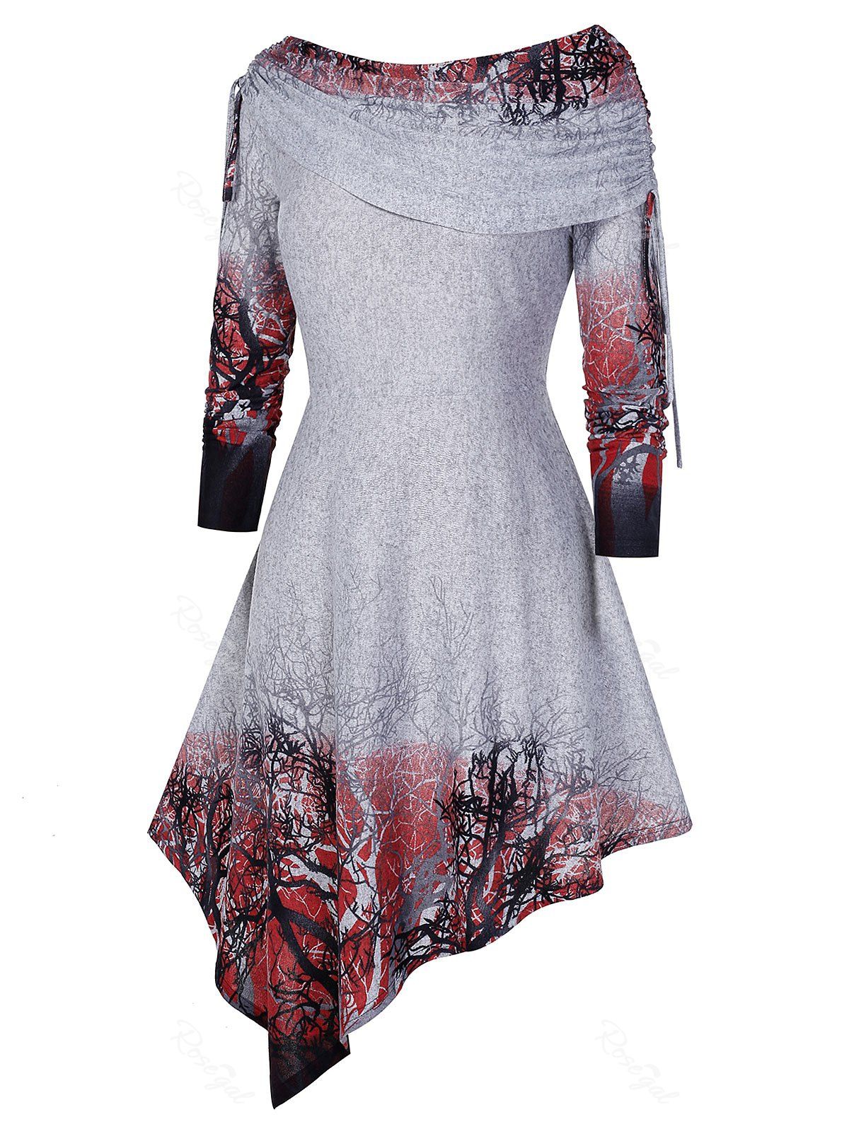 

Plus Size Cinched Tree Print Asymmetric Dress, Blue gray