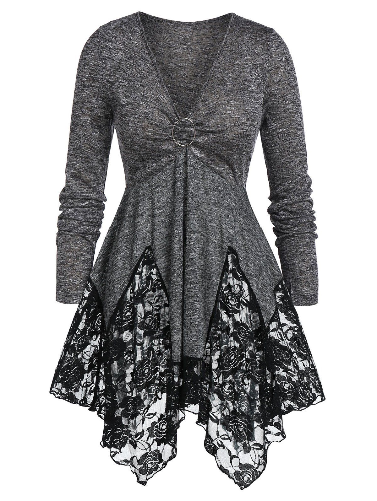 

Plus Size Tunic Lace Panel Marled Plunging Neck Sweater, Gray