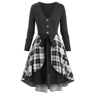 

Plus Size Plaid Overlay Long Sleeve Plunge Tie Dress, Jet gray