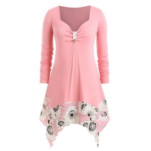 

Plus Size Floral Print Long Sleeve Tunic T Shirt, Flamingo pink