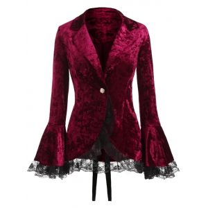 

Lace Panel Lapel Button Coat, Red wine