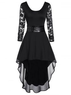 Lace Insert High Low Midi Party Dress - BLACK - 3XL