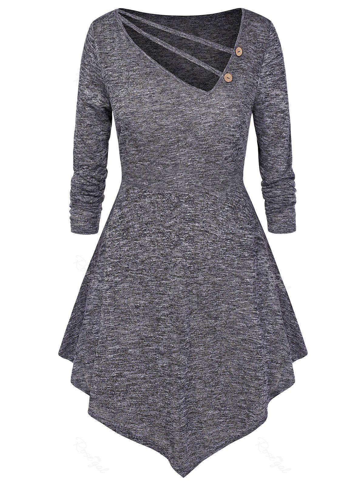 

Plus Size Skew Collar Asymmetric Marled Long Sleeve Tee, Carbon gray