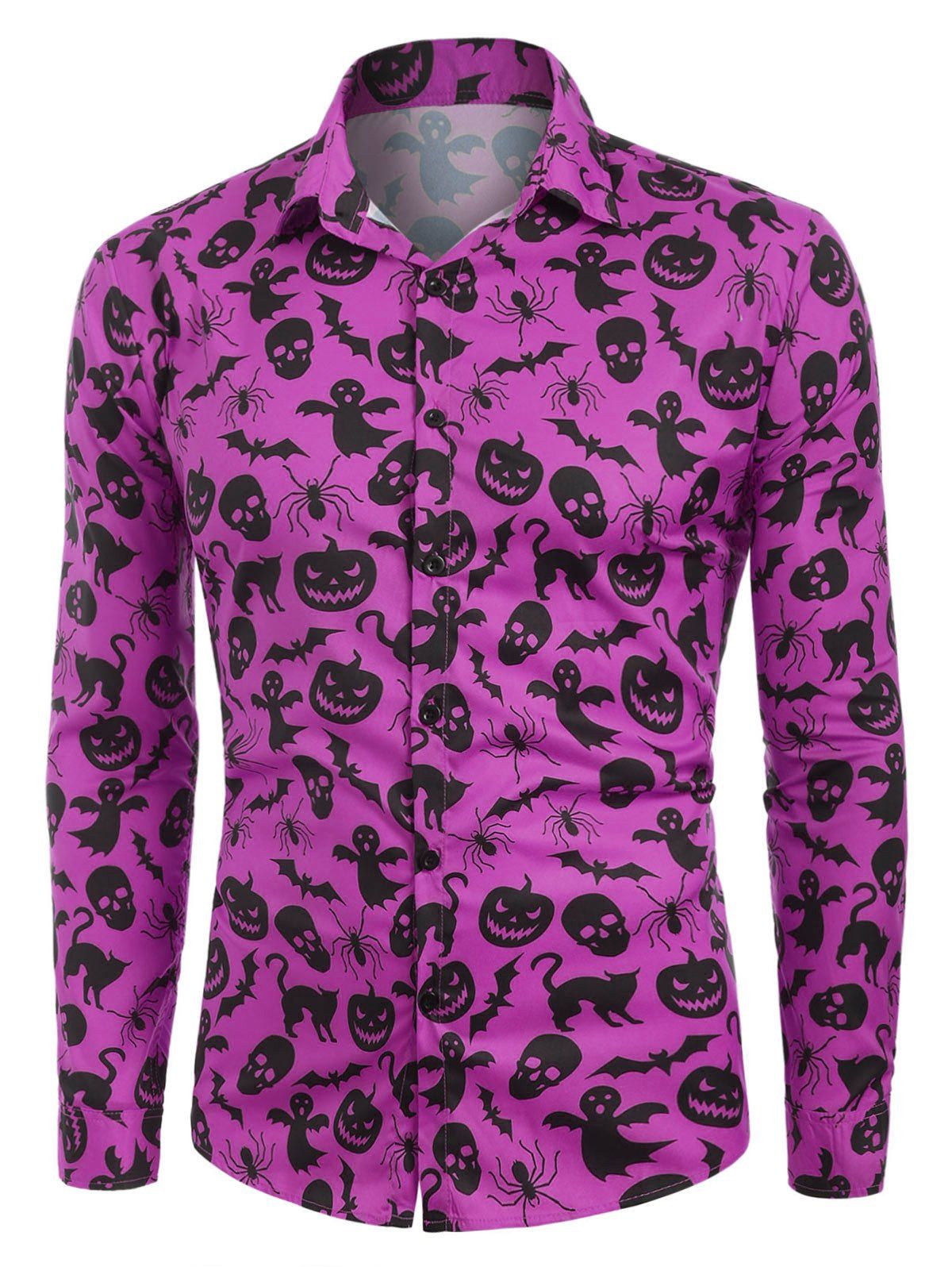 

Halloween Print Button Up Casual Shirt, Purple