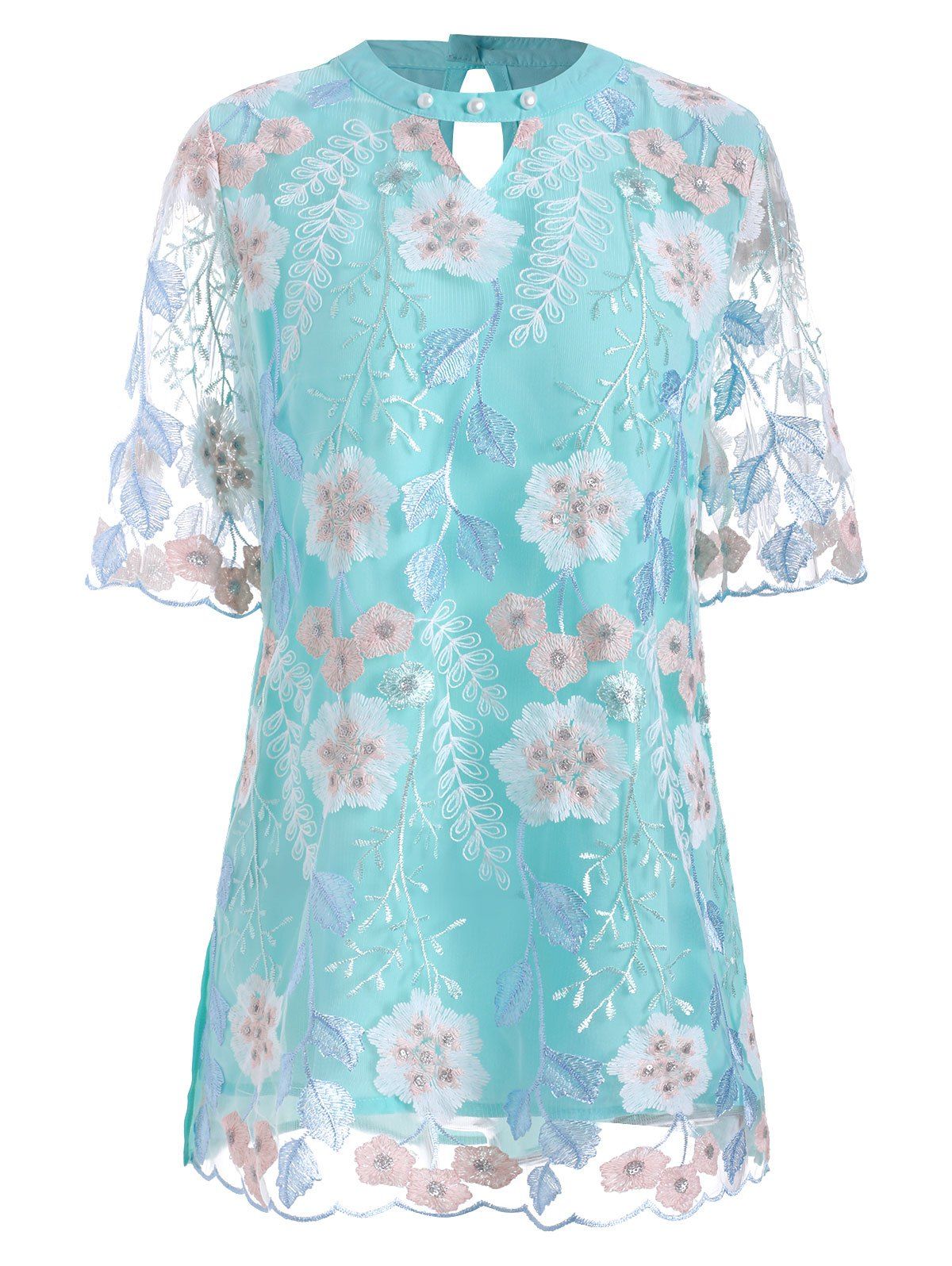 

Floral Embroidered Cut Out Mesh Panel Blouse, Celeste