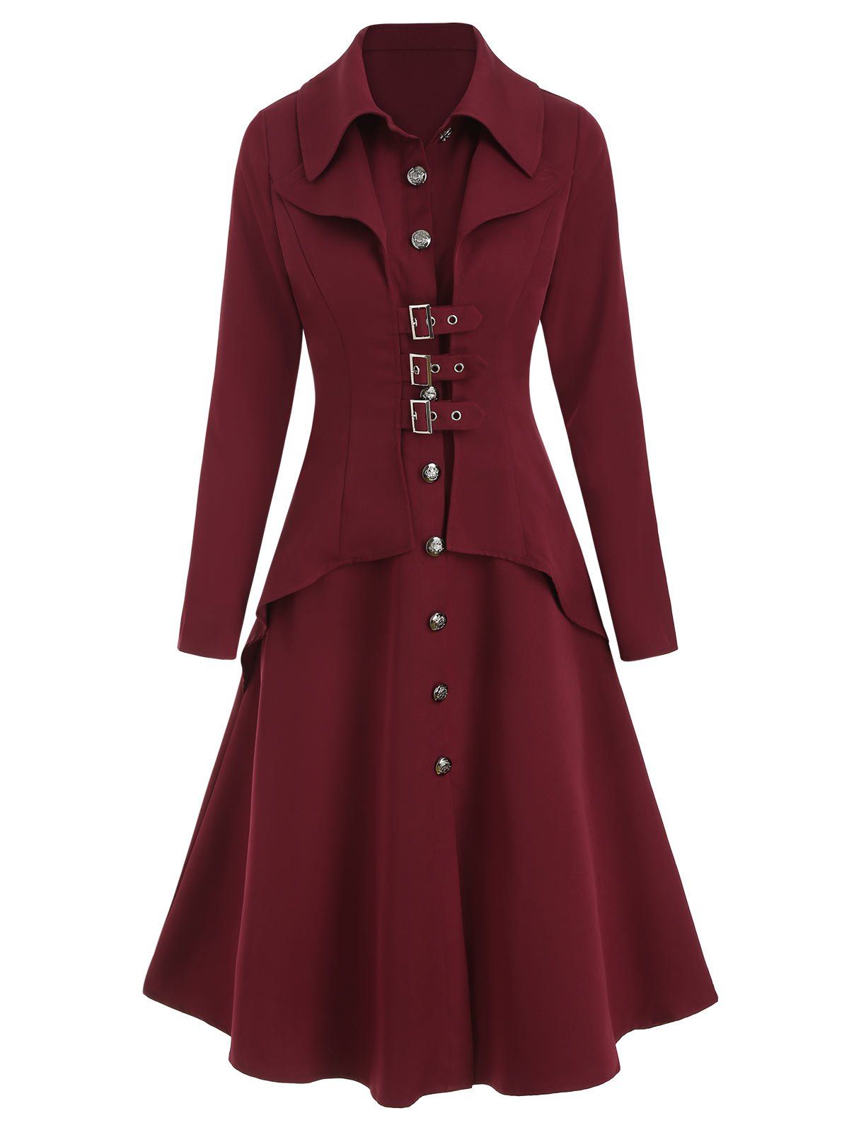 

Button Up Buckle Grommet Long A Line Coat, Red wine