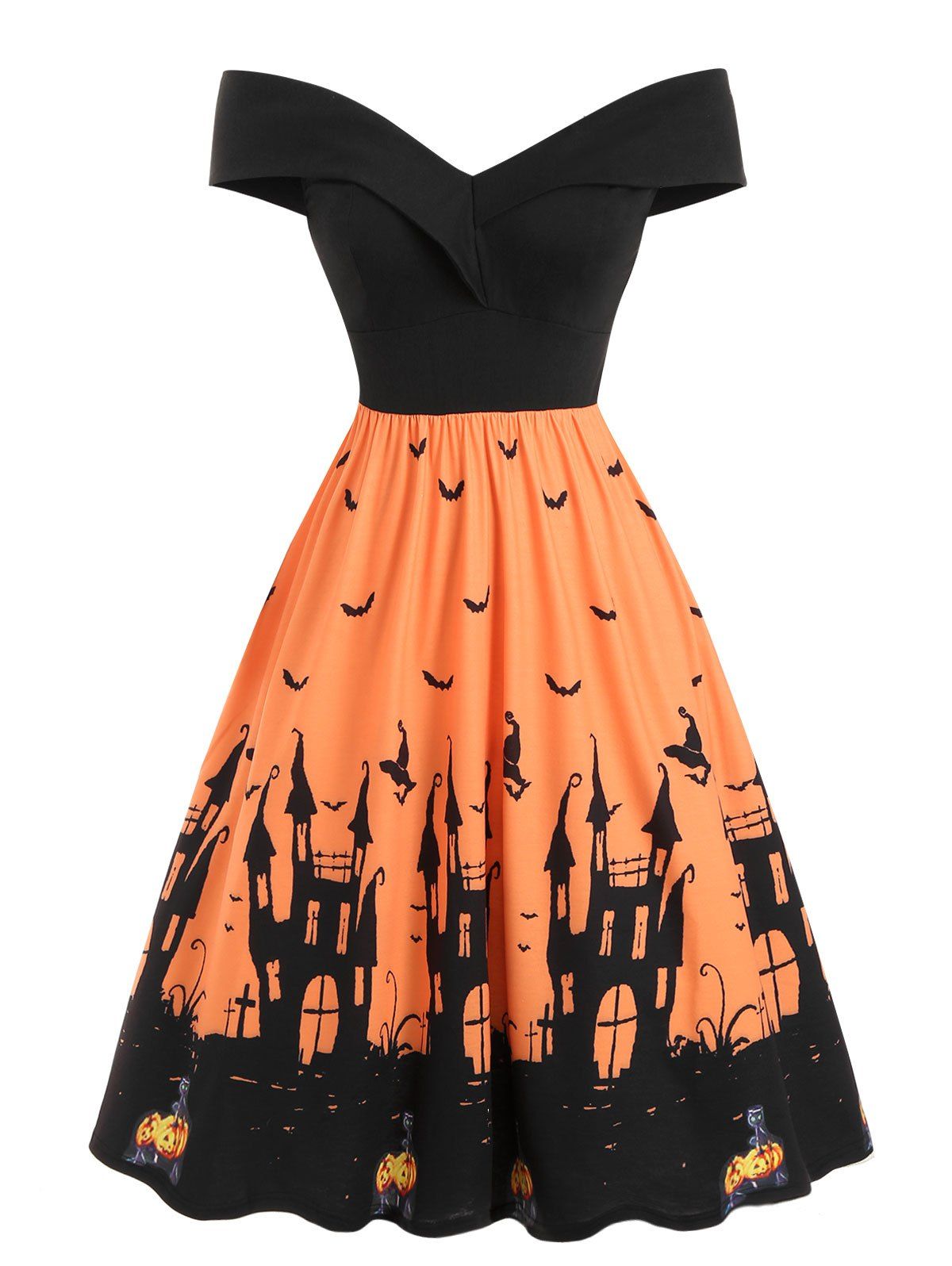 

Off Shoulder Pumpkin Bat Multicolor Halloween Dress, Pumpkin orange