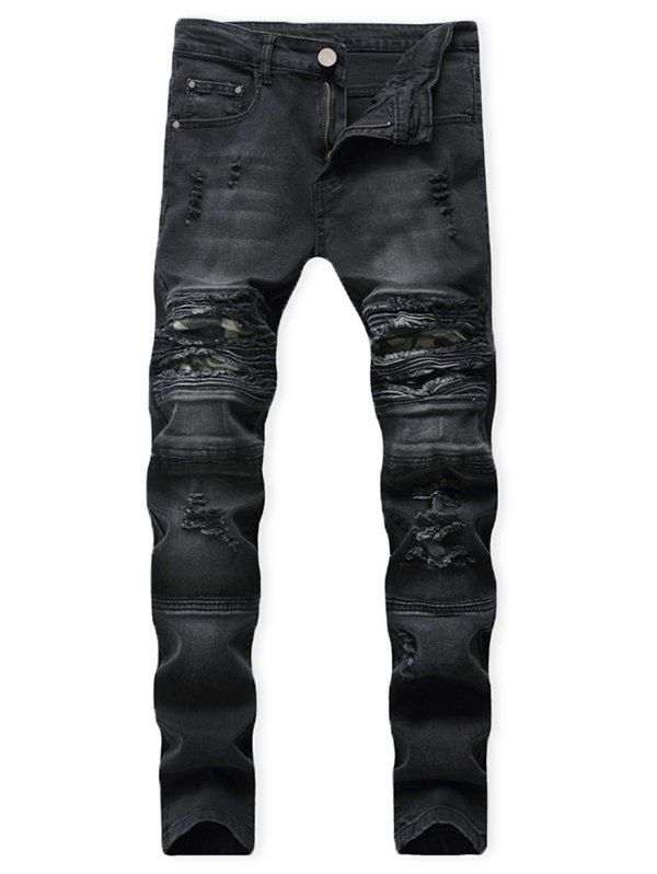 

Distressed Ripped Patchwork Spliced Long Jeans, Black