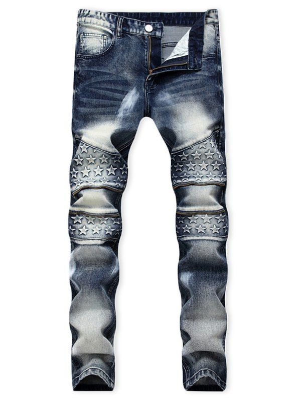 

Star Print Open Zipper Long Straight Jeans, Blue gray