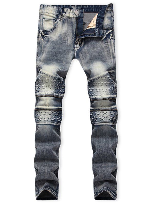 

Star Print Open Zipper Long Straight Jeans, Alice blue