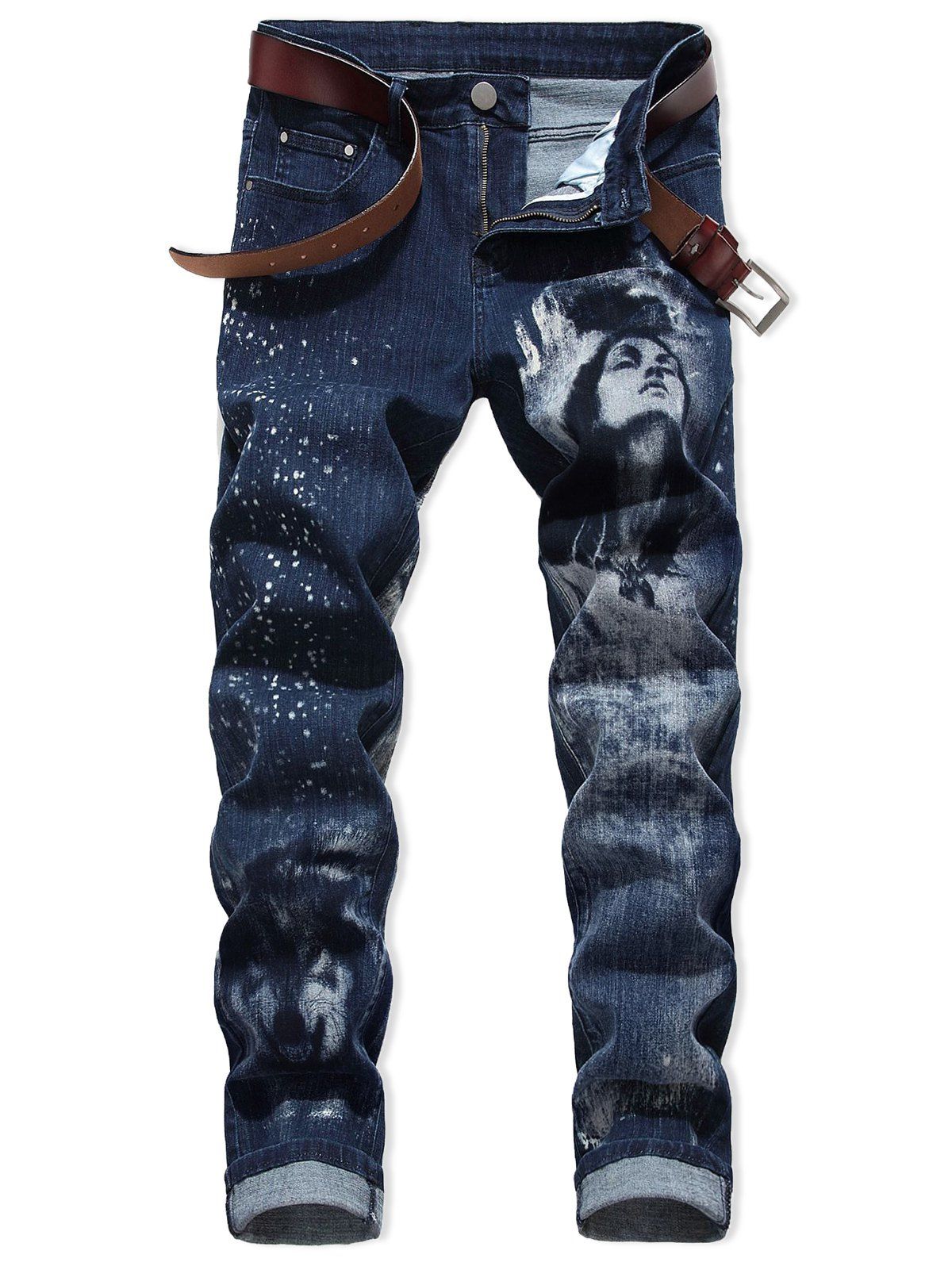 

Character Wolf Print Casual Jeans, Denim dark blue