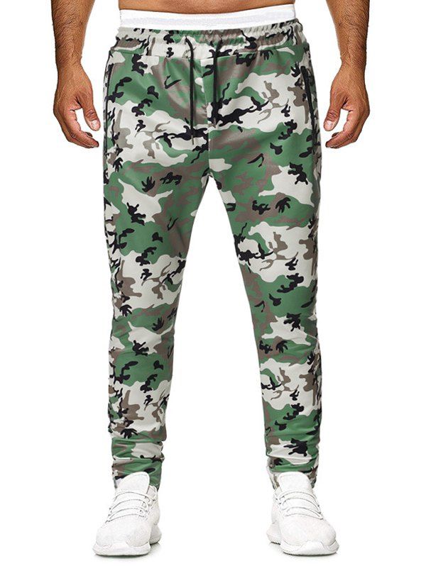 

Camouflage Printed Zip Pocket Drawstring Pants, Green