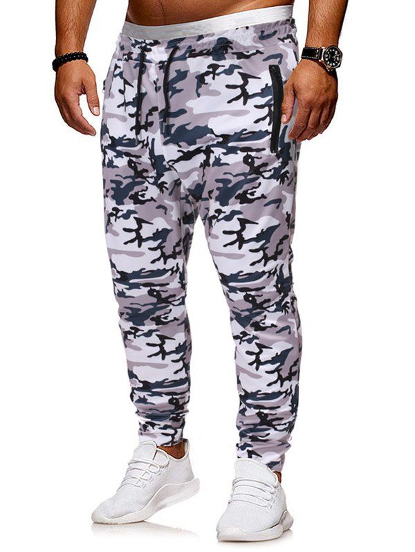 

Camouflage Printed Zip Pocket Drawstring Pants, Gray