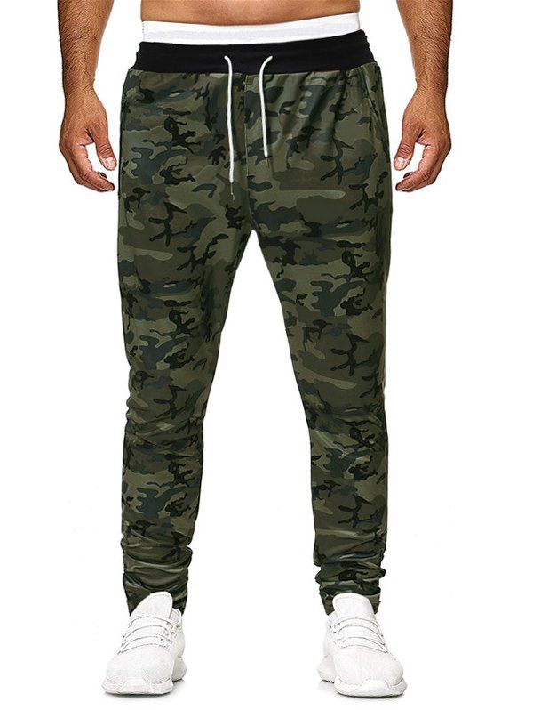 

Camouflage Printed Asymmetric Zip Pocket Drawstring Pants, Green