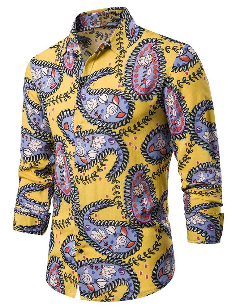 

Paisley Print Curved Hem Long Sleeve Button Up Shirt, Multi