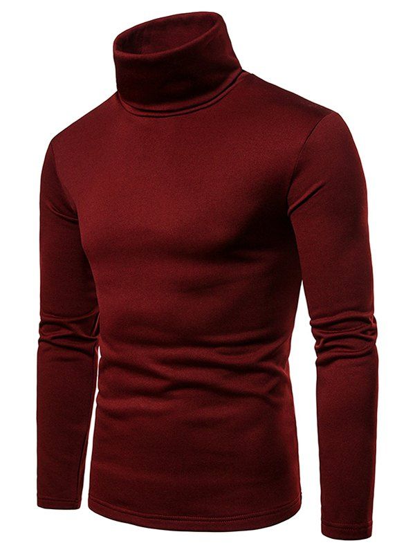 

Solid Color Long Sleeve Turtle Neck Fleece T-shirt, Red wine
