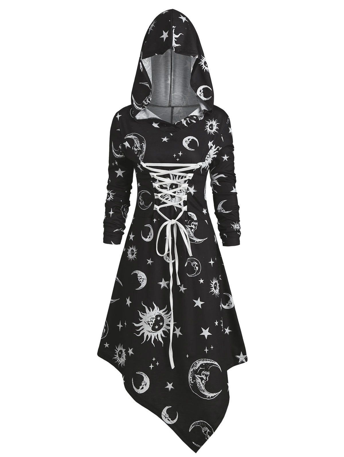 

Skull Sun and Moon Lace Up Halloween Asymmetric Dress, Black