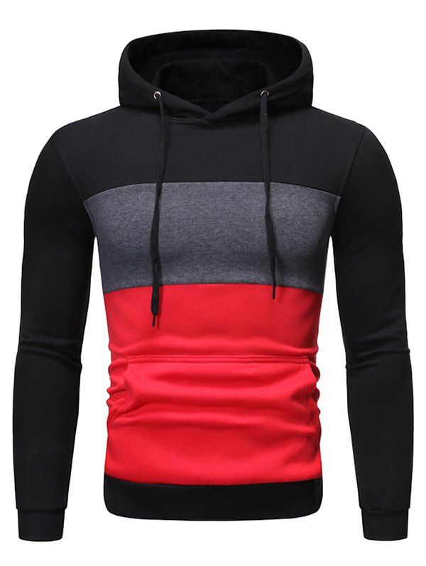 

Color Block Kangaroo Pocket Pullover Drawstring Hoodie, Black