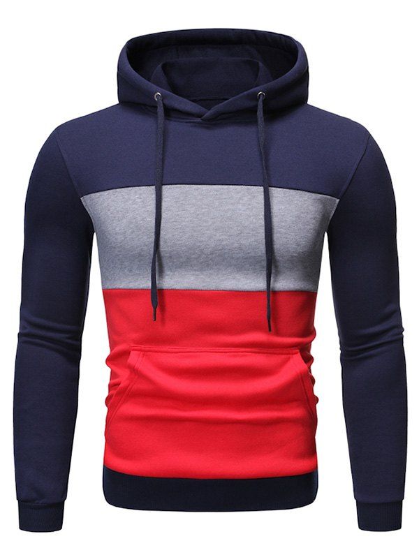 

Color Block Kangaroo Pocket Pullover Drawstring Hoodie, Cadetblue