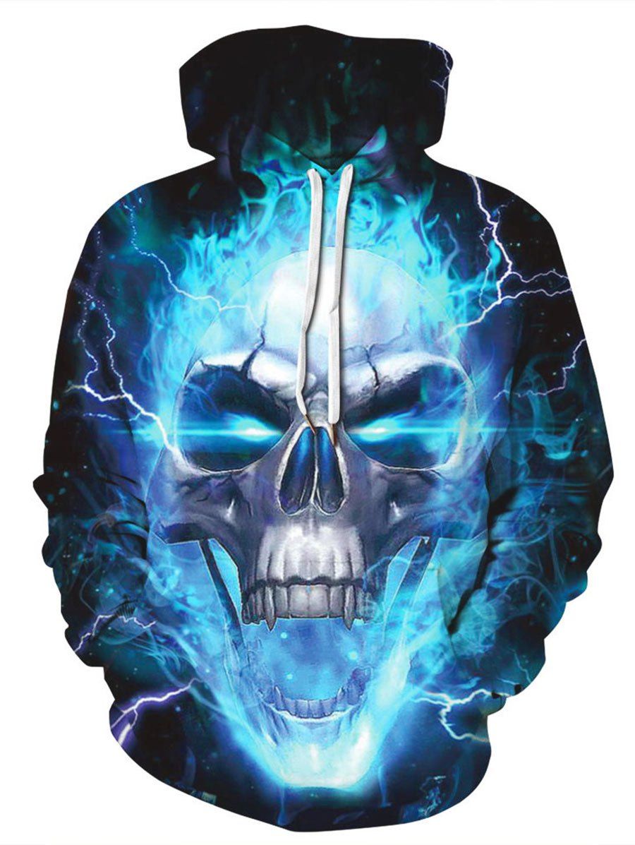 

Plus Size Halloween Skull Fire Print Kangaroo Pocket Pullover Hoodie, Cadetblue