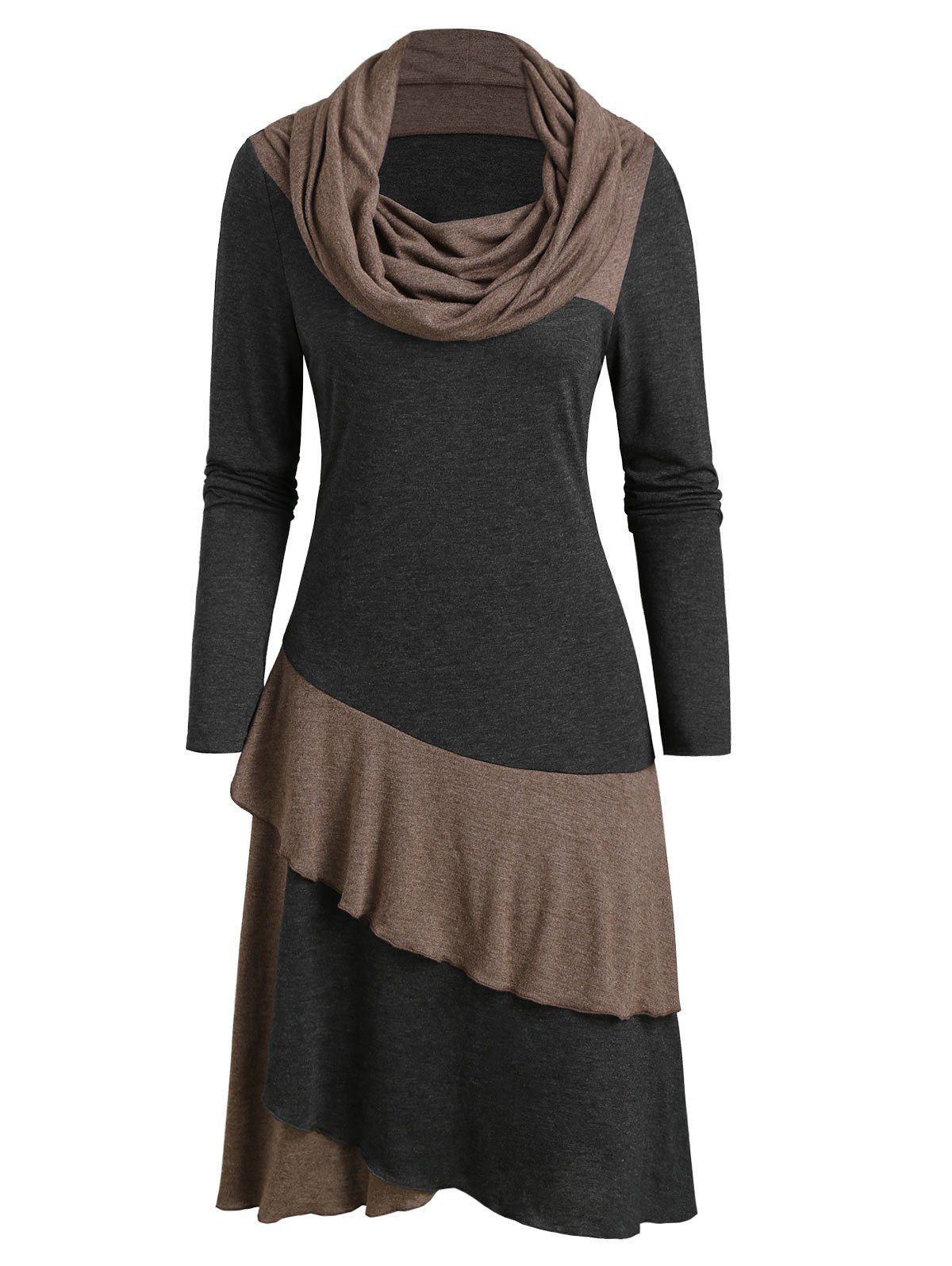 

Cowl Neck Long Sleeve Contrast Heathered Layered Dress, Dark gray