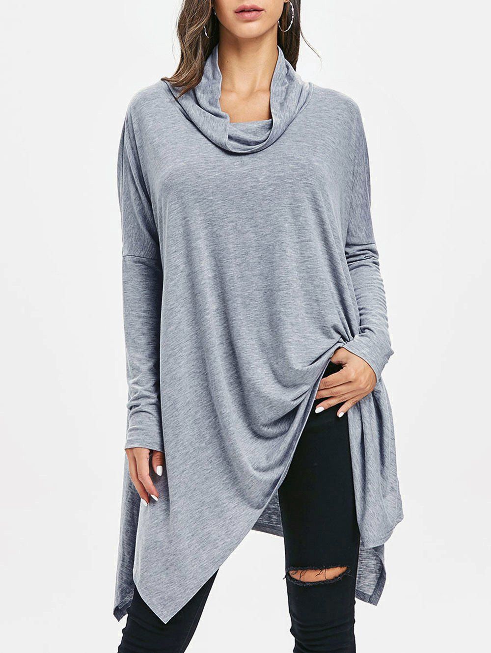 

Drop Shoulder Cowl Neck Asymmetric Top, Gray