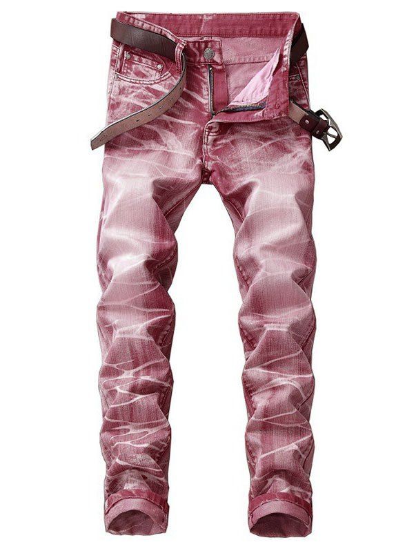 

Long Faded Wash Print Zipper Fly Jeans, Pink rose