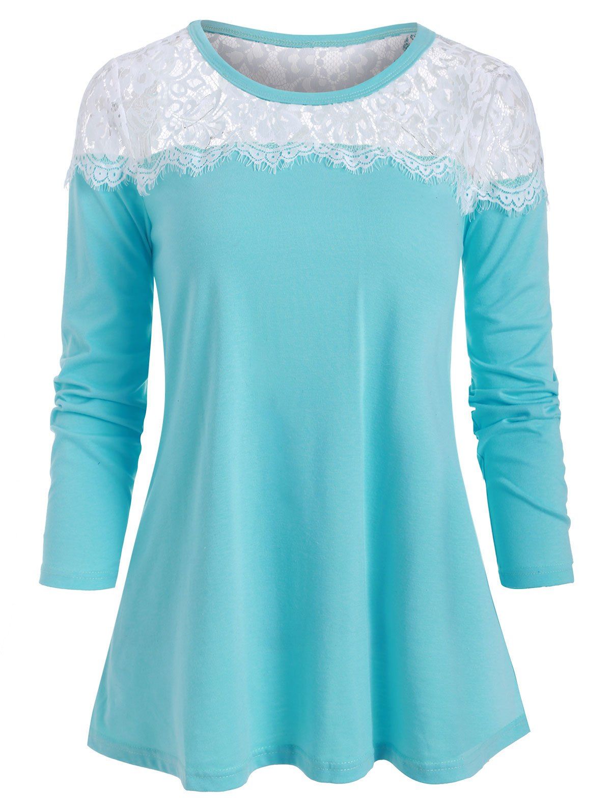 

Lace Panel Round Neck Casual Tee, Deep sky blue