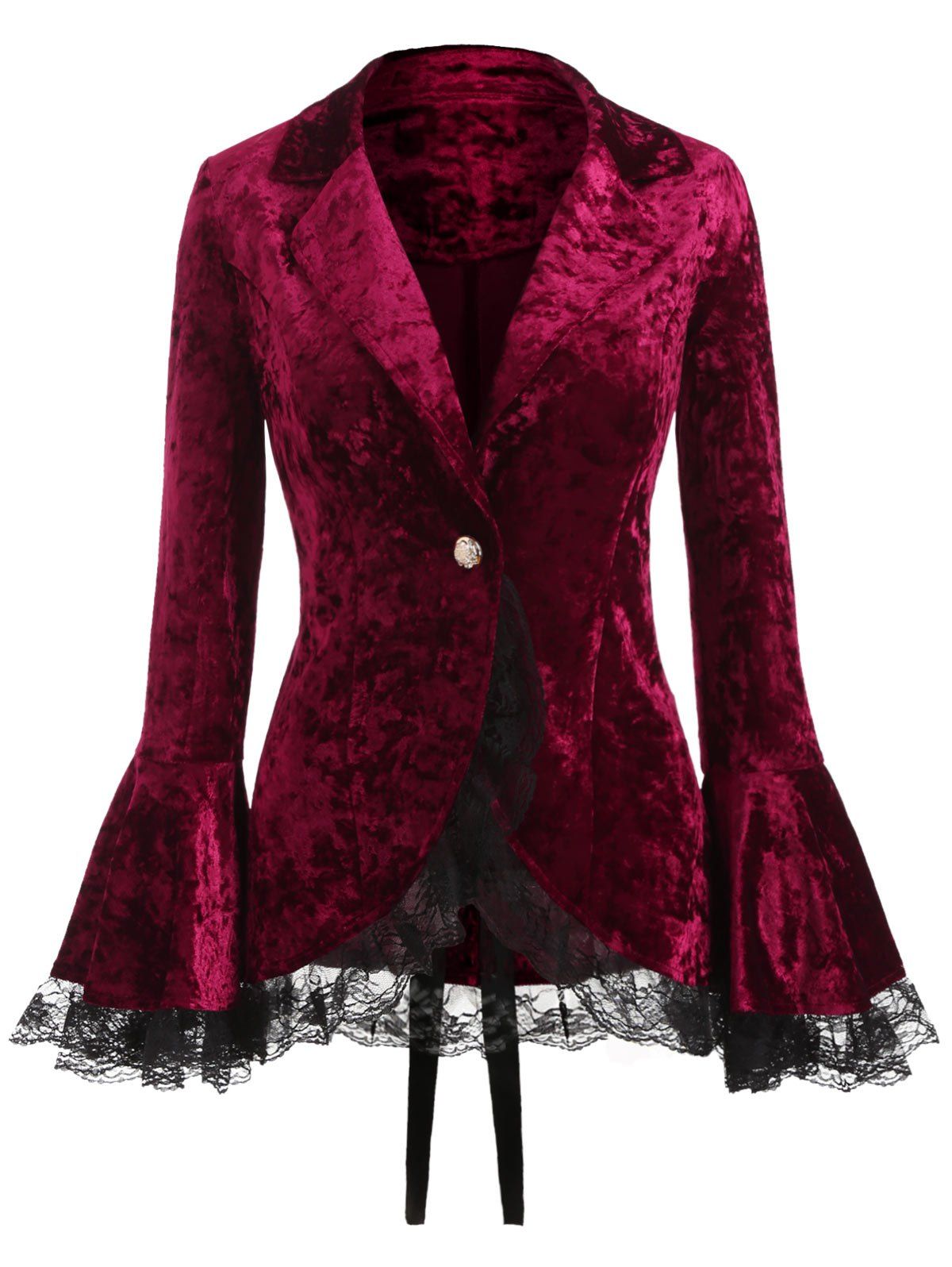 

Lace Panel Lapel Button Coat, Red wine