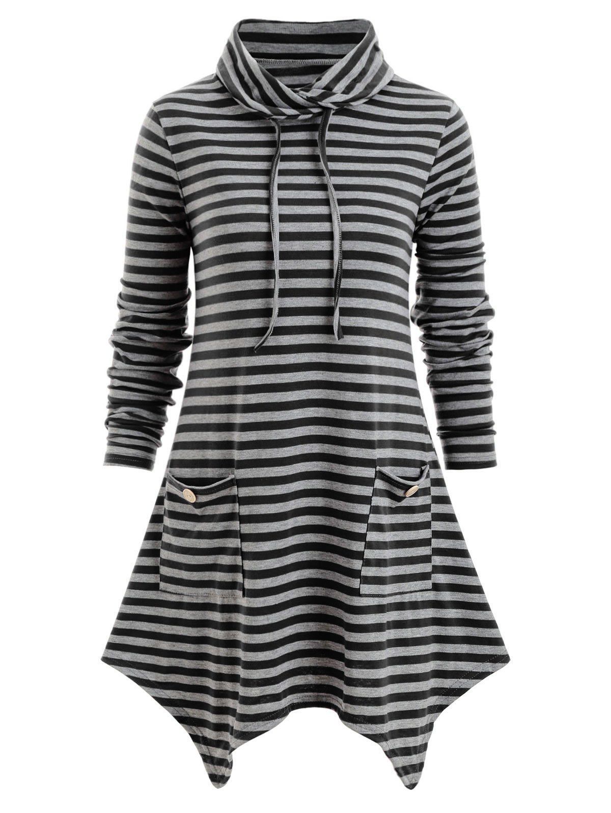 

Striped Drawstring Pocket Longline Sweatshirt, Black